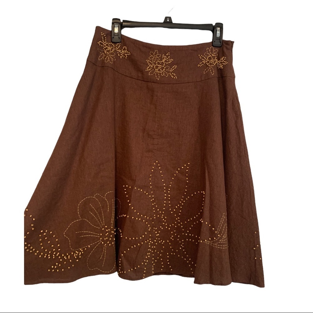 Richard Malcom brown‎ linen blend skirt with wooden bead floral embellishments